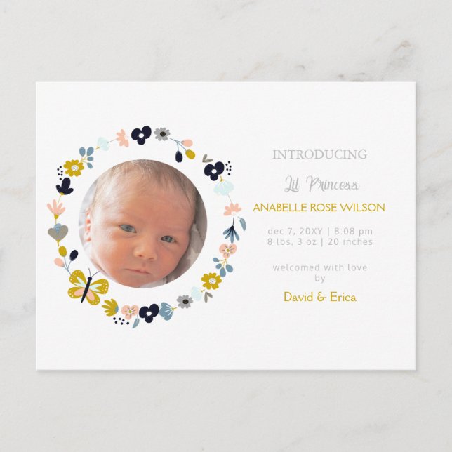 Floral Blooms Cute Girl Photo Birth Announcement Postcard (Front)