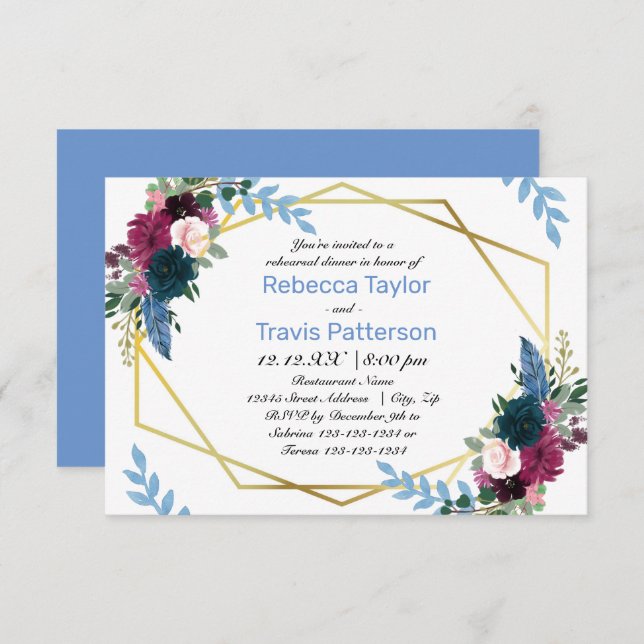 Floral Blooms Mod Blue - 3x5 Rehearsal Dinner Invitation (Front/Back)