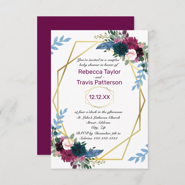 Floral Blooms Mod Plum V - 3x5 Couples Baby Shower Invitation (Front/Back)