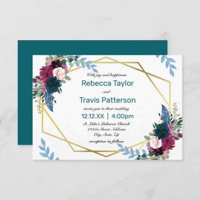 Floral Blooms Mod Teal - 3x5 Wedding Invitation (Front/Back)