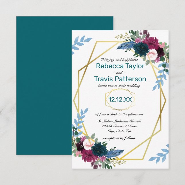 Floral Blooms Mod Teal - 3x5 Wedding Invitation (Front/Back)