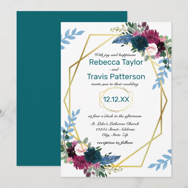 Floral Blooms Mod Teal - Wedding Invitation (Front/Back)