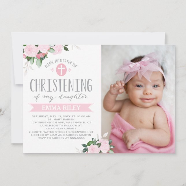 Floral Blooms Pink | Christening Invitation (Front)