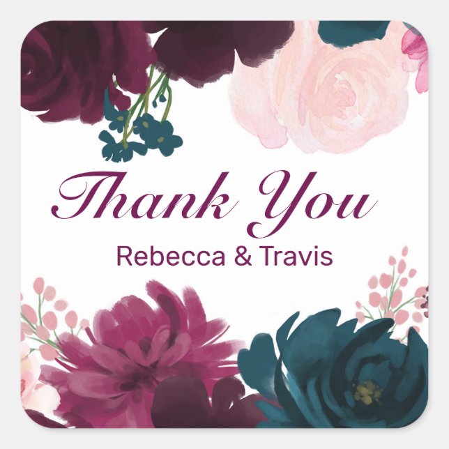 Floral Blooms Plum Thank You - Square Sticker (Front)