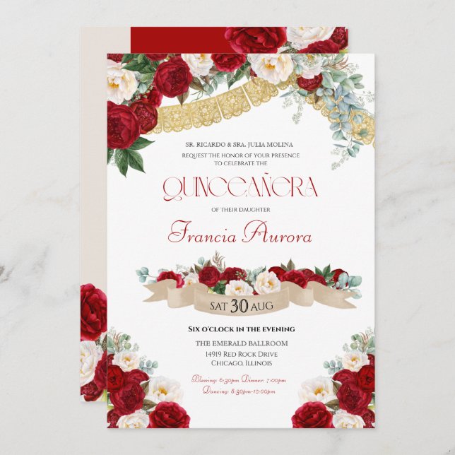 Floral Blooms Red & White Gold Fancy Quinceañera  Invitation (Front/Back)