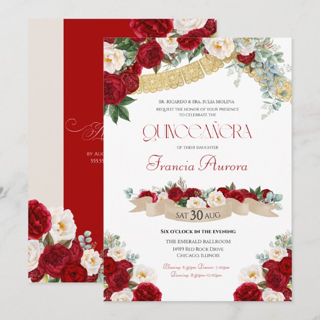 Floral Blooms Red & White Gold Quinceañera Invitation (Front/Back)