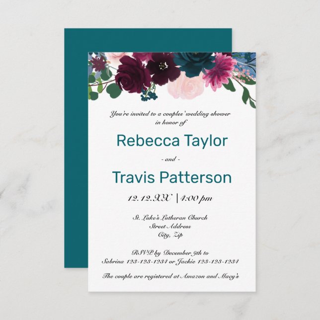 Floral Blooms Teal - 3x5 Couples' Wedding Shower Invitation (Front/Back)