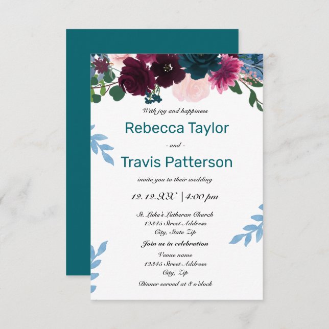 Floral Blooms Teal - 3x5 Wedding/Reception Invitation (Front/Back)