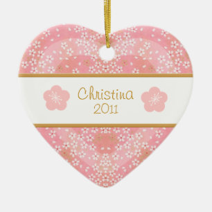 Floral Blossom Heart Name and Photo Ceramic Ornament