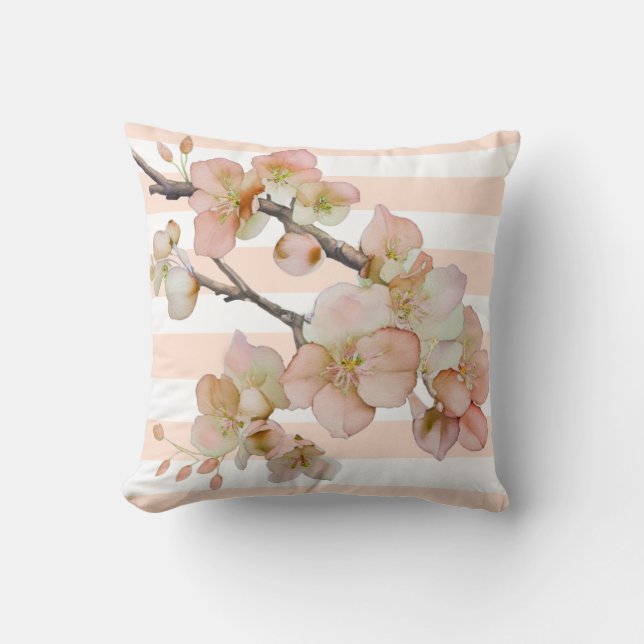 Floral blossoms soft orange peach white strips cushion (Front)
