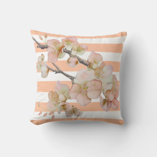 Floral blossoms soft orange peach white strips cushion