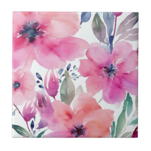Floral Blossoms   Watercolor Pink Flowers Painted Ceramic Tile