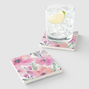 Floral Blossoms Watercolor Pink Flowers Painted Stone Coaster