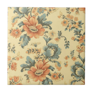 Floral Blue and Peach Botanical Ceramic Tile