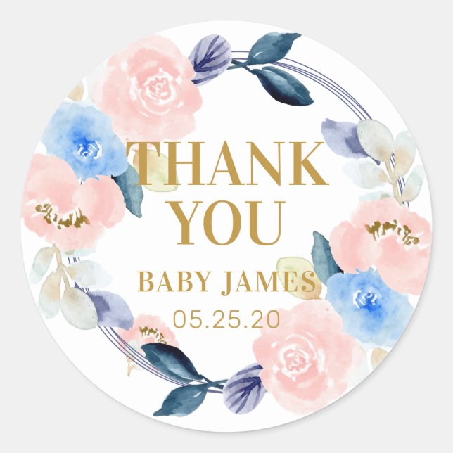 Floral Blue and Pink thank you gender reveal Classic Round Sticker (Front)