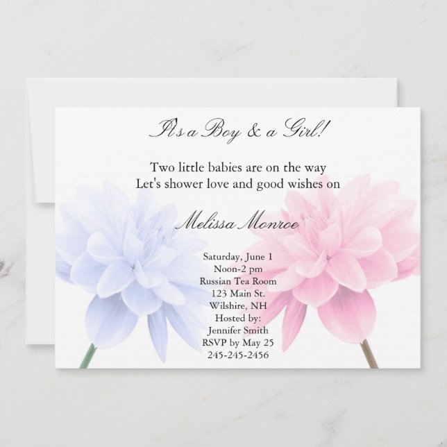 Floral Blue and Pink Twins Shower Invitation (Front)