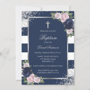 Floral Blue and Silver Cross Elegant Baptism Invitation