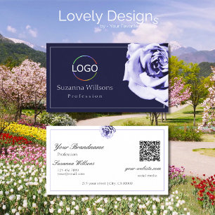 Floral Blue and White Cute Rose with Logo QR Code Business Card
