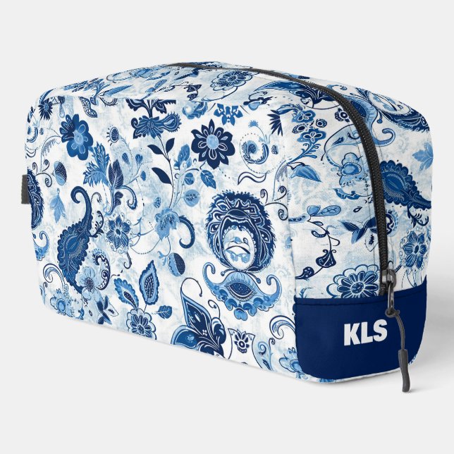 Floral Blue and White Paisley Monogram Personalise Dopp Kit (Right Corner)