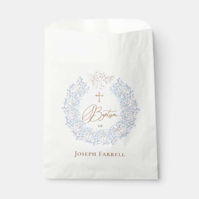 Floral Blue Baby Angel Cross Baptism Favour Bag (Front)
