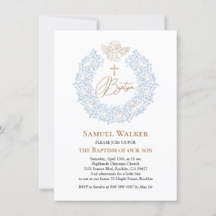 Floral Blue Baby Angel Cross Baptism Invitation