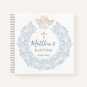 Floral Blue Baby Angel Cross Baptism Notebook