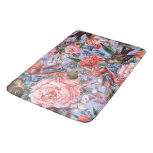 Floral Blue Background Roses Hyacinth Wild Flowers Bath Mat