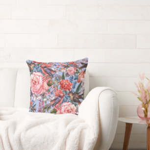Floral Blue Background Roses Hyacinth Wild Flowers Cushion