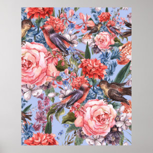 Floral Blue Background Roses Hyacinth Wild Flowers Poster