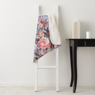 Floral Blue Background Roses Hyacinth Wild Flowers Sherpa Blanket