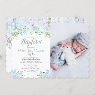 Floral Blue Baptism Christening Invitation
