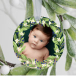 Floral Blue Berries Greenery Wreath Photo Ceramic Ornament<br><div class="desc">Beautiful floral Christmas ornament with your photo inside a floral berry wreath of sage green greenery,  white flowers,  and blue berries. Add your baby's name and the year on the back.</div>
