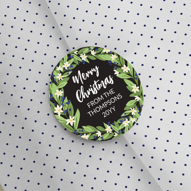 Floral Blue Berry Greenery Wreath Merry Christmas Classic Round Sticker (Creator Uploaded)