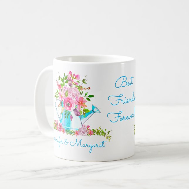Floral Blue Best Friends Custom Saying BFF Coffee Mug (Front Left)