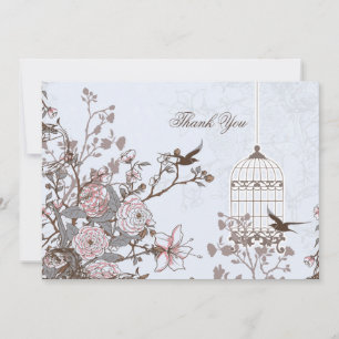 Floral blue bird cage, love birds Thank You Invitation