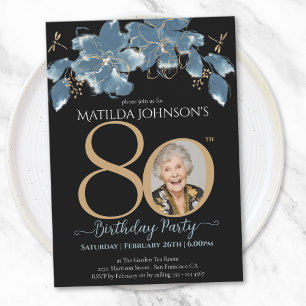 Floral Blue Black Gold Custom Photo 80th Birthday Invitation