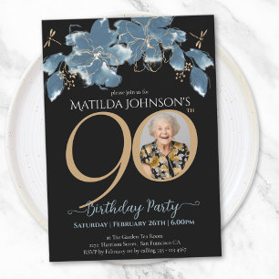 Floral Blue Black Gold Photo 90th Birthday Party Invitation