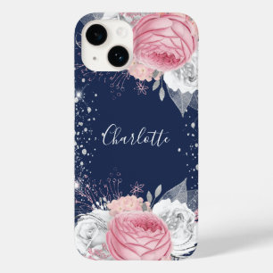 Floral blue blush pink silver glitter name Case-Mate iPhone 14 case