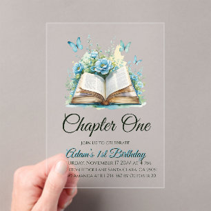 Floral Blue Book Boy Chapter One 1st Birthday Acrylic Invitations