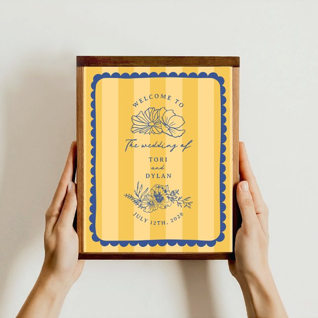 Floral Blue Border Stripe Wedding Welcome Poster (Creator Uploaded)