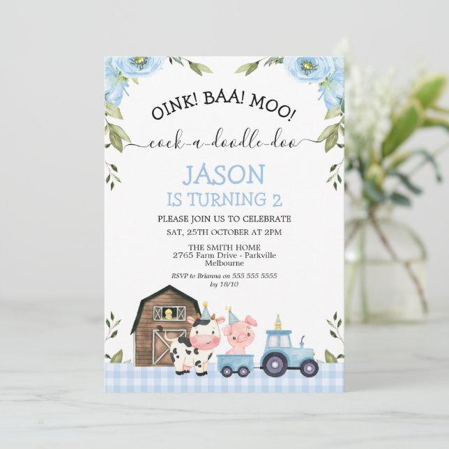 Floral Blue Boys Barn Tractor Farm Birthday Invitation (Standing Front)