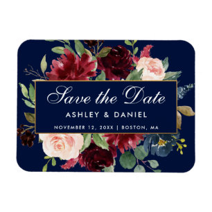 Floral Blue Burgundy Gold Save The Date Magnet