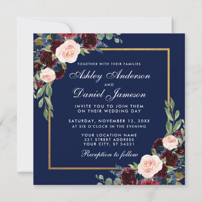 Floral Blue Burgundy Gold Wedding Invite Card (Front)