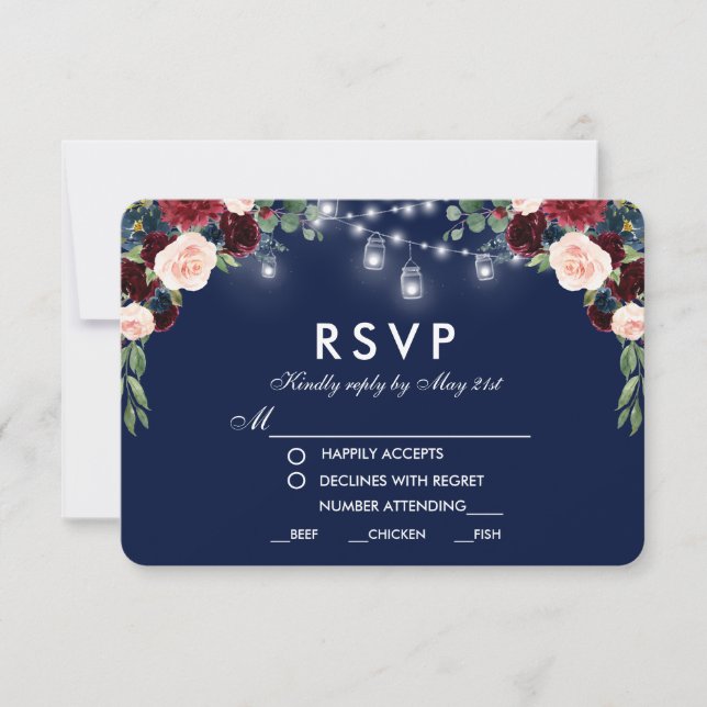 Floral Blue Burgundy Jars Wedding Meal RSVP Card (Front)