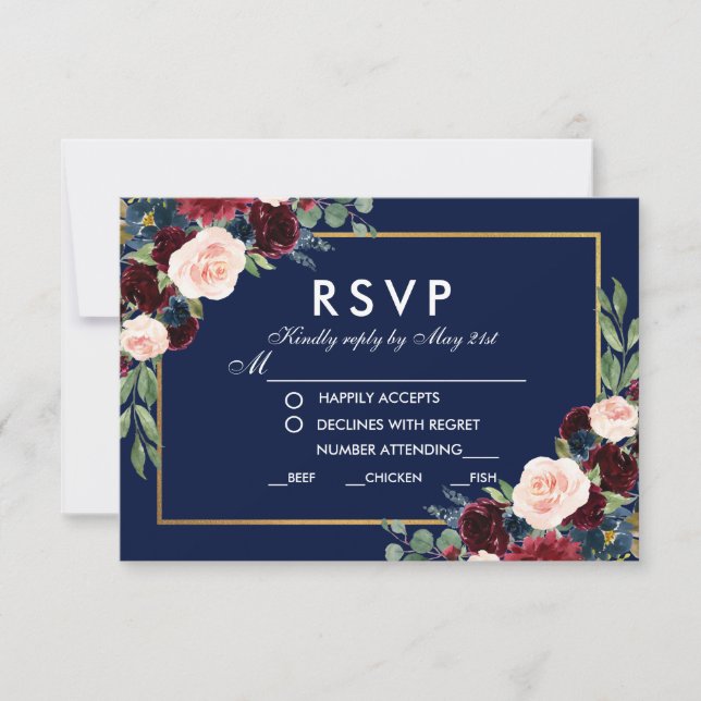 Floral Blue Burgundy Wedding Meal RSVP Gold (Front)