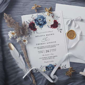 Floral Blue Burgundy White Ivory Elegant Wedding Invitation