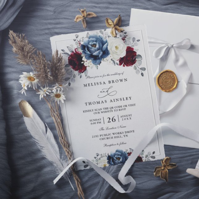 Floral Blue Burgundy White Ivory QR Code Wedding Invitation (Creator Uploaded)