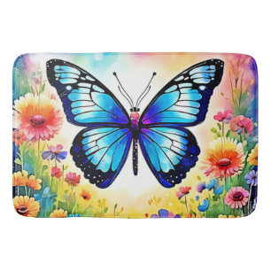 Floral Blue Butterfly Art Bath Mat