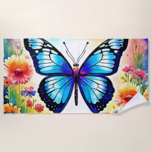 Floral Blue Butterfly Art Beach Towel