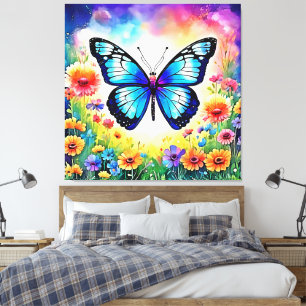 Floral Blue Butterfly Art Canvas Print